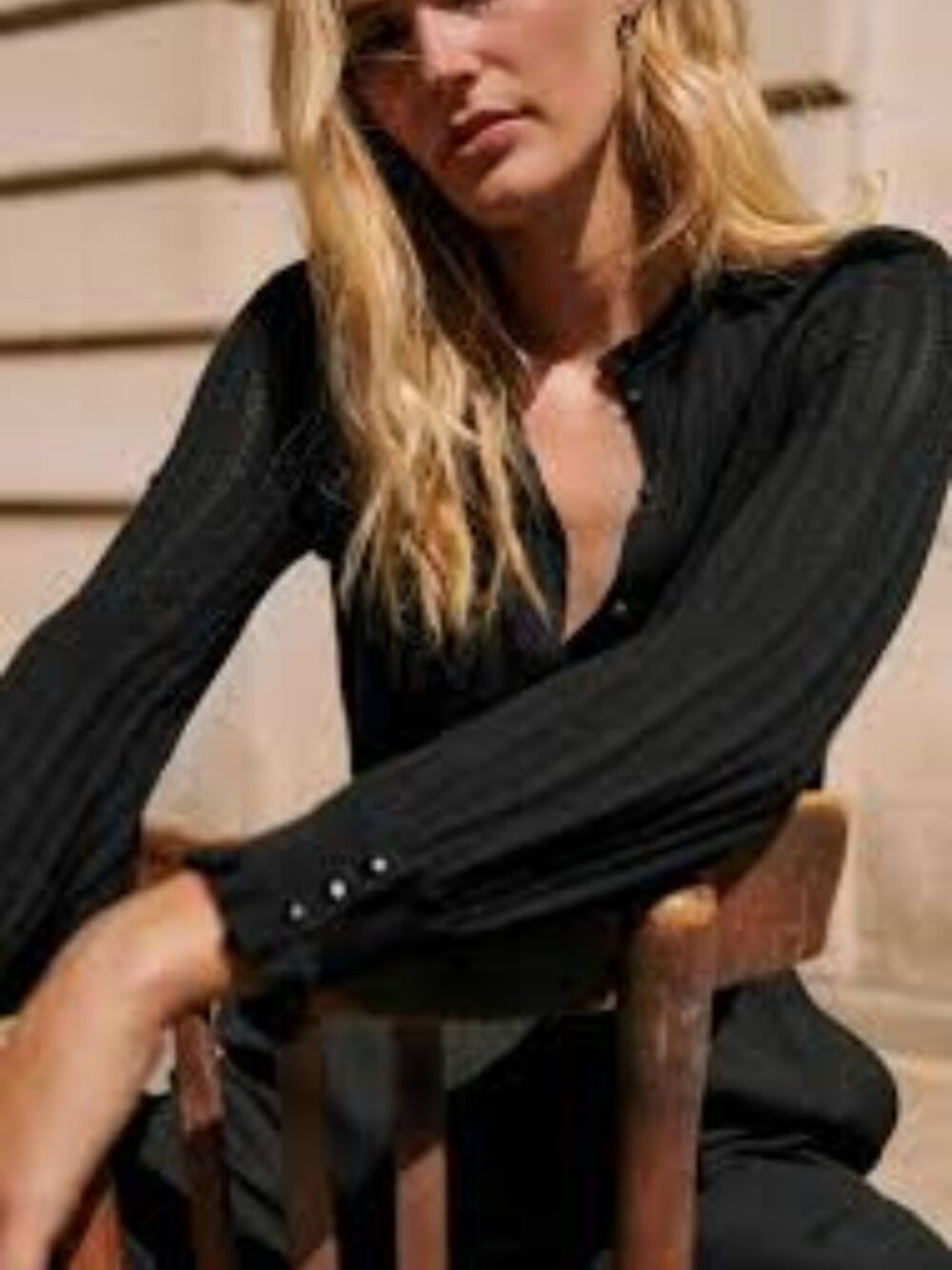 Sezane Navy Ribbed Button-Up Cardigan